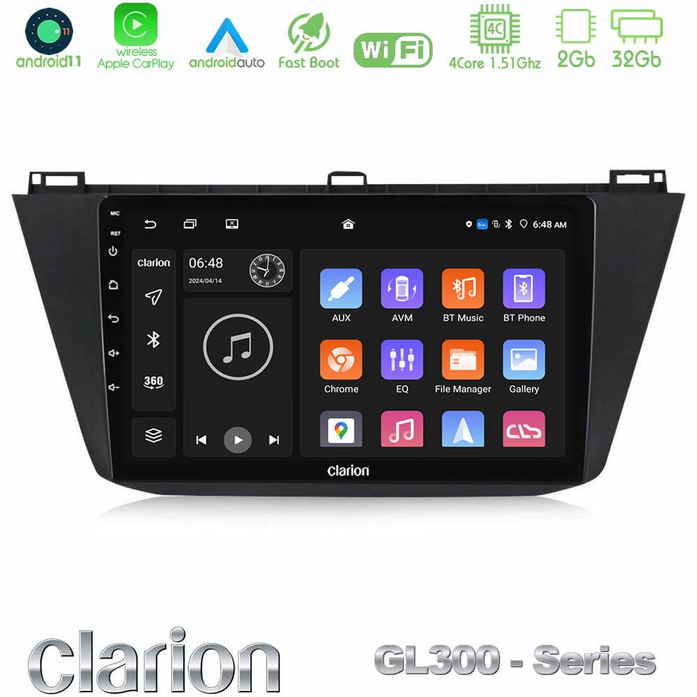 Clarion GL300 Series Vw Tiguan 2016-2022 4Core Android11 2+32GB Navigation Multimedia Tablet 10" Με Carplay & Android Auto
