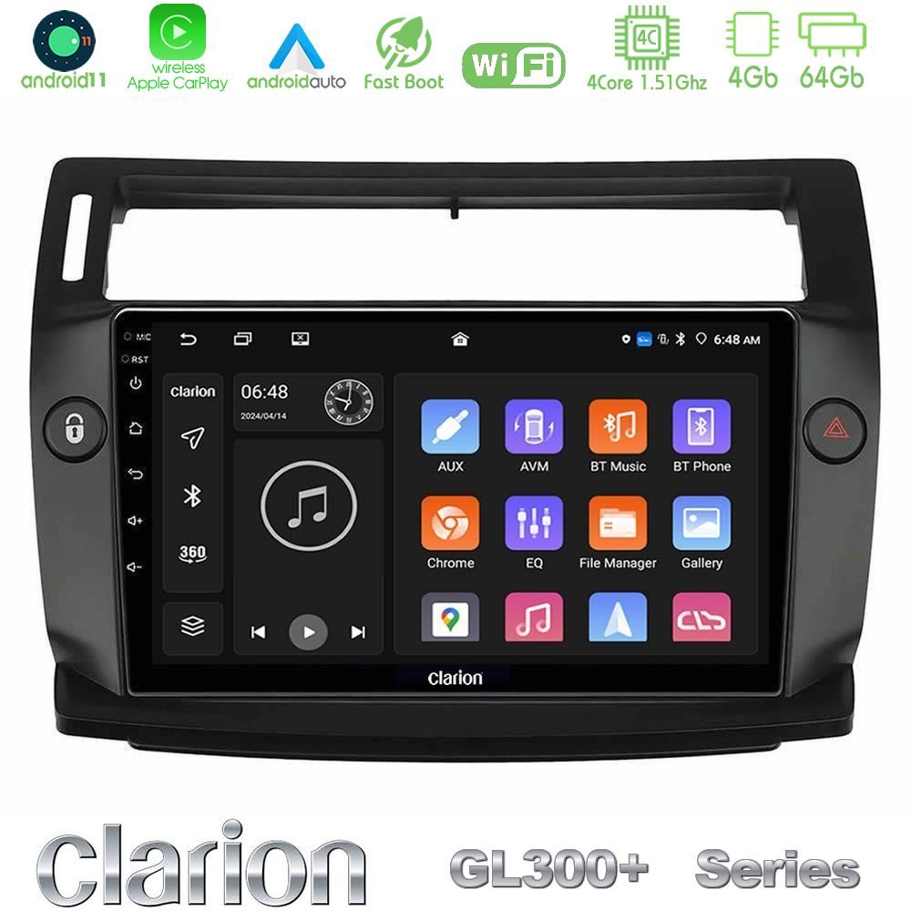 Clarion GL300+ Series 4Core Android11 4+64GB  Citroen C4 2004-2010 Navigation Multimedia Tablet 9" (μαύρο χρώμα)