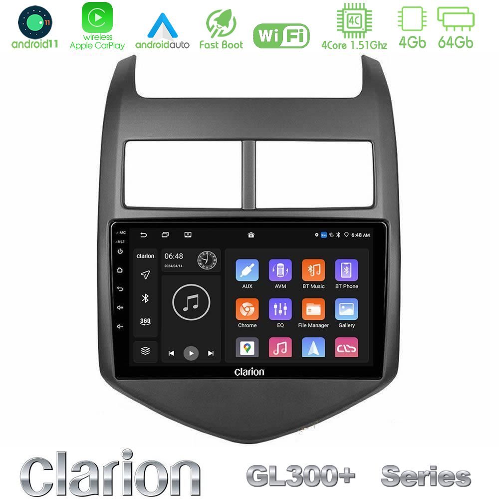 Clarion GL300+ Series 4Core Android11 4+64GB Chevrolet Aveo 2011-2017 Navigation Multimedia Tablet 9"