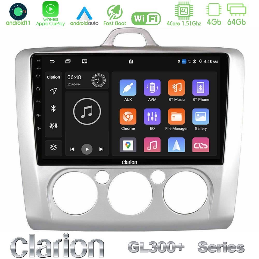 Clarion GL300+ Series 4Core Android11 4+64GB  Ford Focus Manual AC Navigation Multimedia Tablet 9"