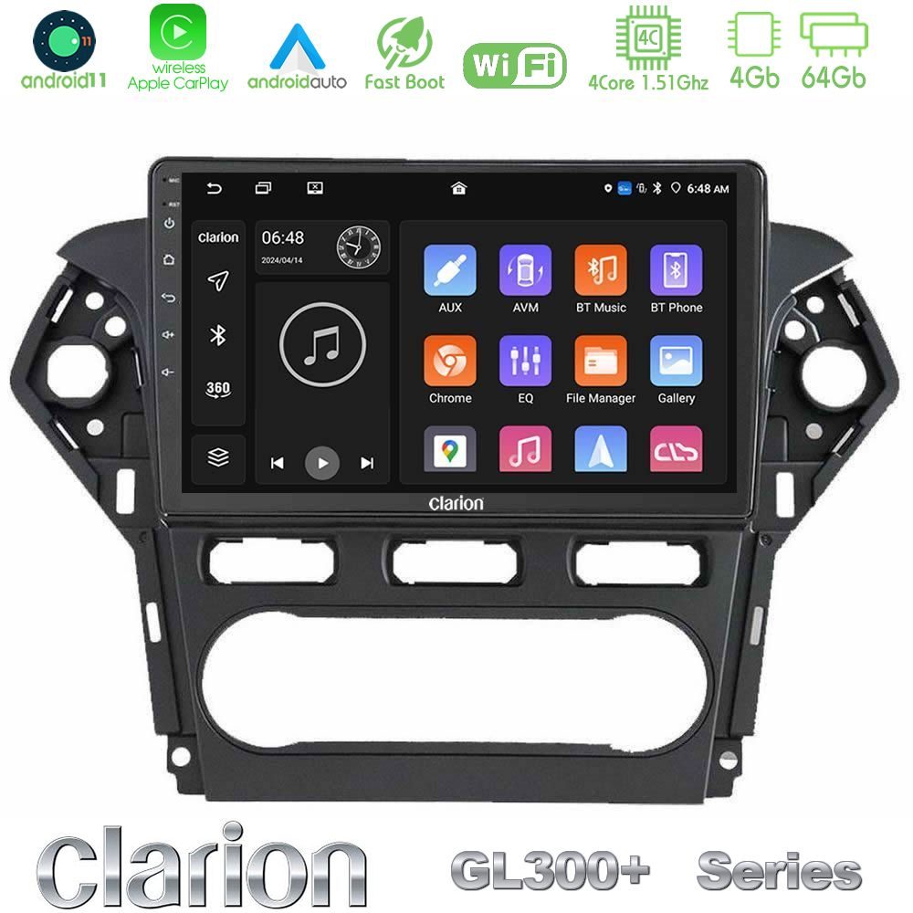 Clarion GL300+ Series 4Core Android11 4+64GB  Ford Mondeo 2011-2014 Navigation Multimedia Tablet 10"
