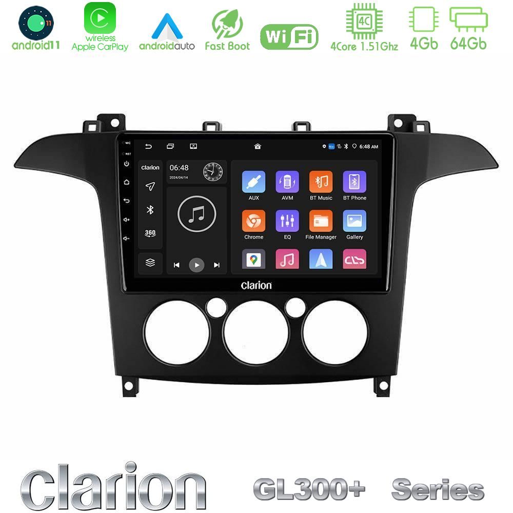Clarion GL300+ Series 4Core Android11 4+64GB  Ford S-Max 2006-2008 (manual A/C) Navigation Multimedia Tablet 9"