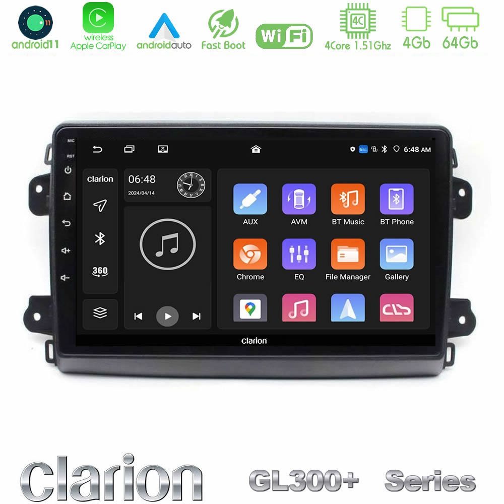 Clarion GL300+ Series 4Core Android11 4+64GB Citroen/Fiat/Opel Navigation Multimedia Tablet 9"