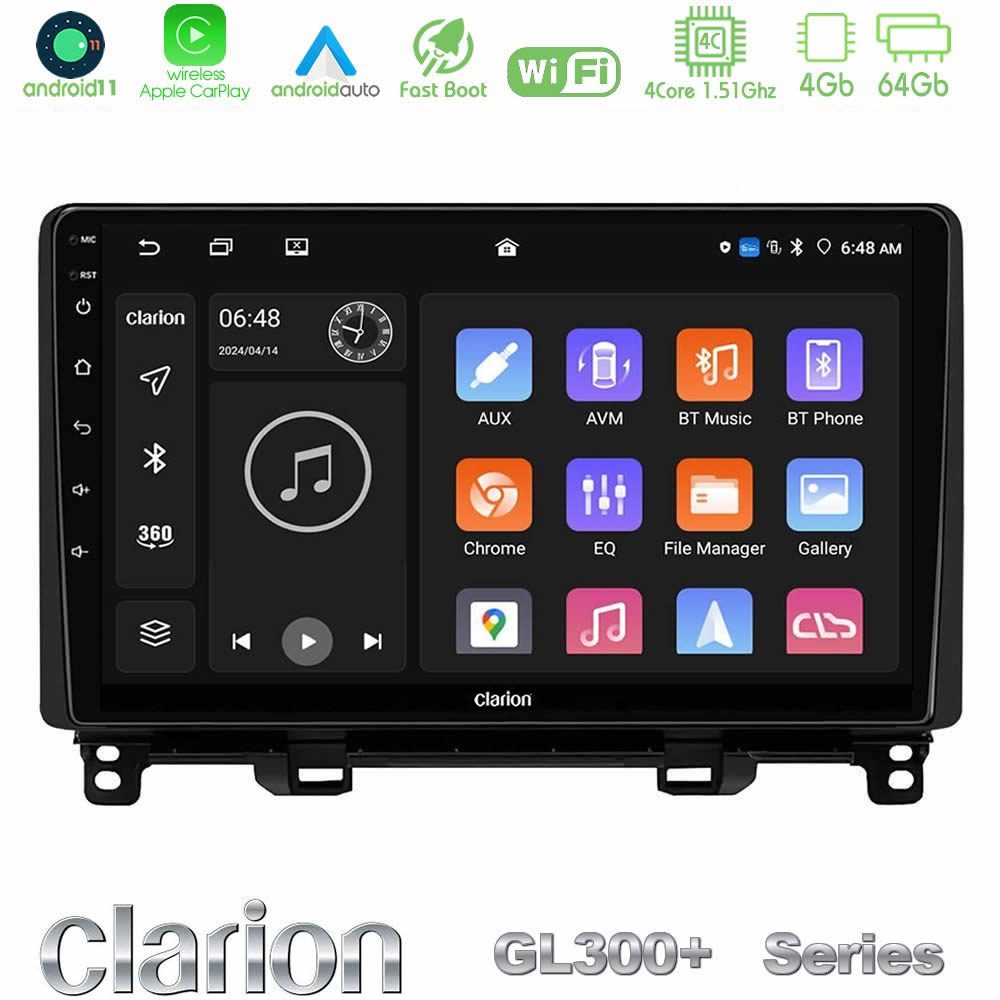 Clarion GL300+ Series 4Core Android11 4+64GB Honda Jazz 2021-2025 Navigation Multimedia Tablet 9"