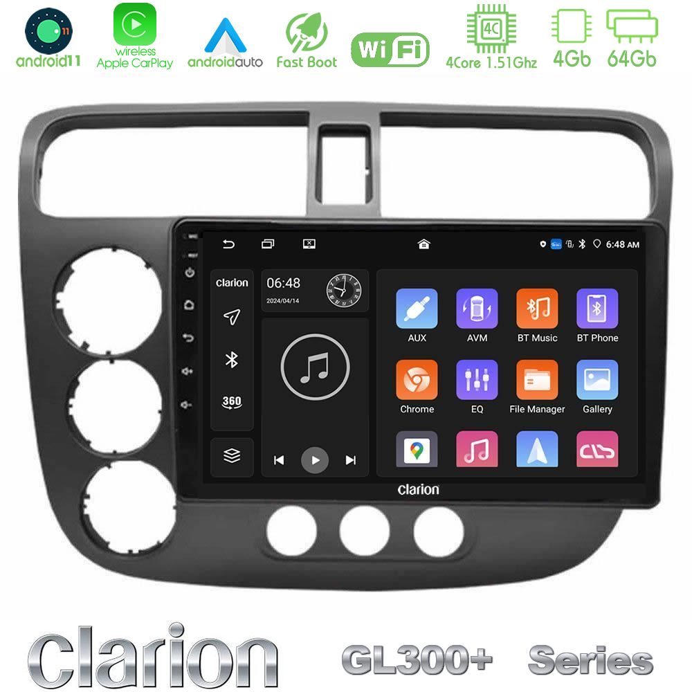 Clarion GL300+ Series 4Core Android11 4+64GB Honda Civic 2001-2005 Navigation Multimedia Tablet 9"