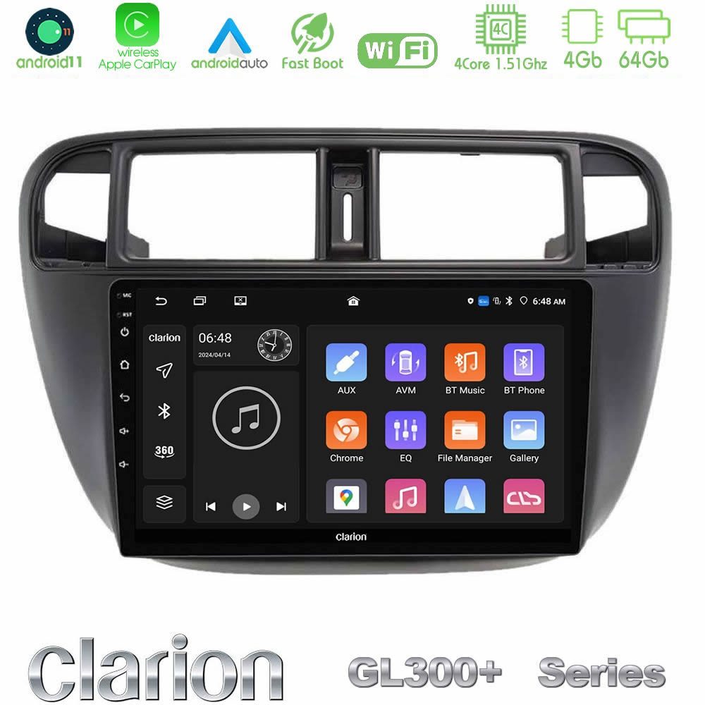 Clarion GL300+ Series 4Core Android11 4+64GB Honda Civic 1995-2001 Navigation Multimedia Tablet 9"