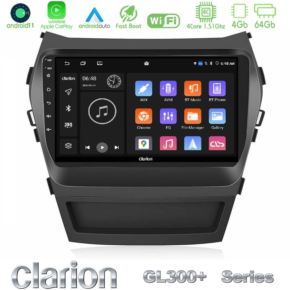 Clarion GL300+ Series 4Core Android11 4+64GB Hyundai iX45 2012-2017 Navigation Multimedia Tablet 9"