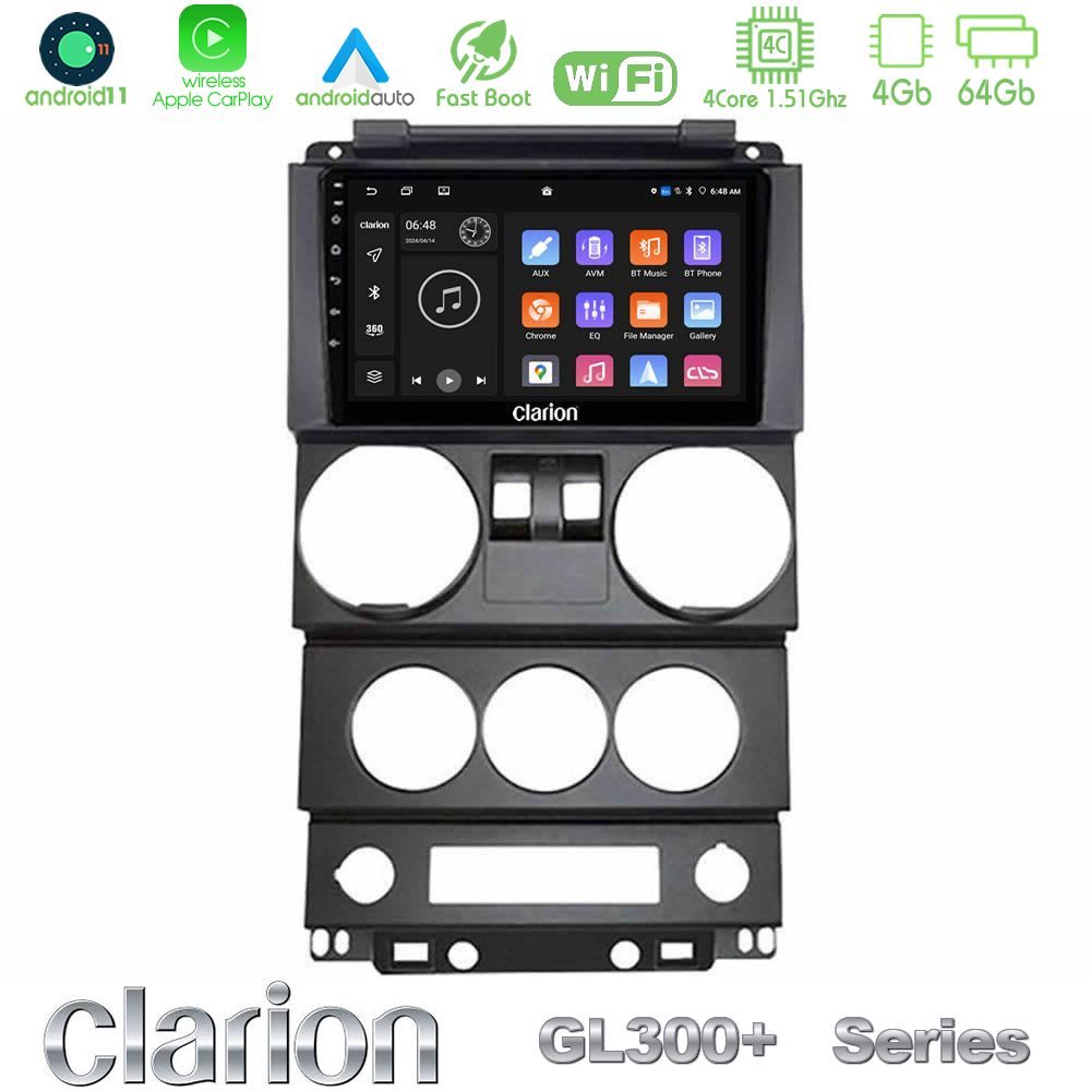 Clarion GL300+ Series 4Core Android11 4+64GB Jeep Wrangler 2Door 2008-2010 Navigation Multimedia Tablet 9"