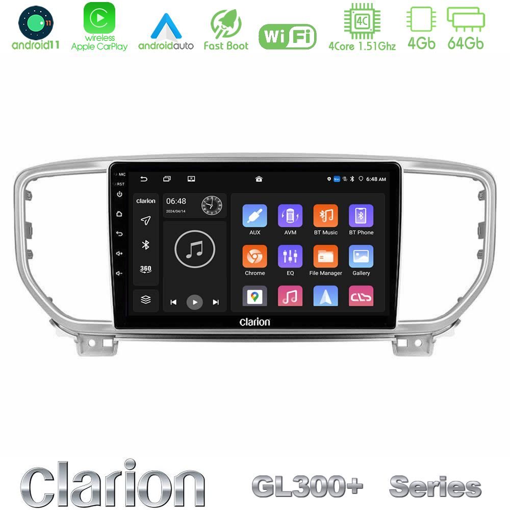 Clarion GL300+ Series 4Core Android11 4+64GB  Kia Sportage 2018-2021 Navigation Multimedia Tablet 9"