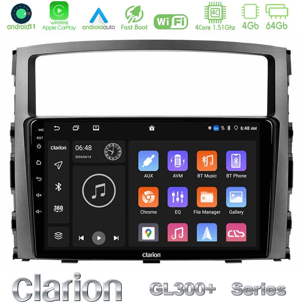 Clarion GL300+ Series 4Core Android11 4+64GB Mitsubishi Pajero 2008-2009 Navigation Multimedia Tablet 9"