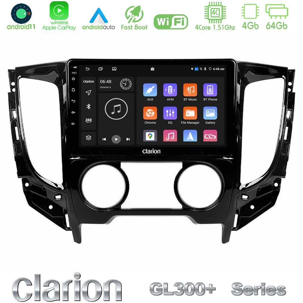 Clarion GL300+ Series 4Core Android11 4+64GB Mitsubishi L200 2016-> amp; Fiat Fullback (Manual A/C) Navigation Multimedia Tablet 9"