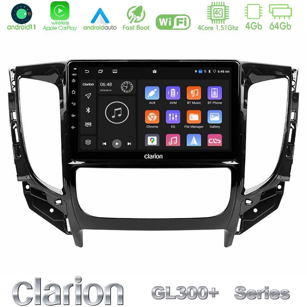 Clarion GL300+ Series 4Core Android11 4+64GB Mitsubishi L200 2016-> amp; Fiat Fullback (Auto A/C) Navigation Multimedia Tablet 9"