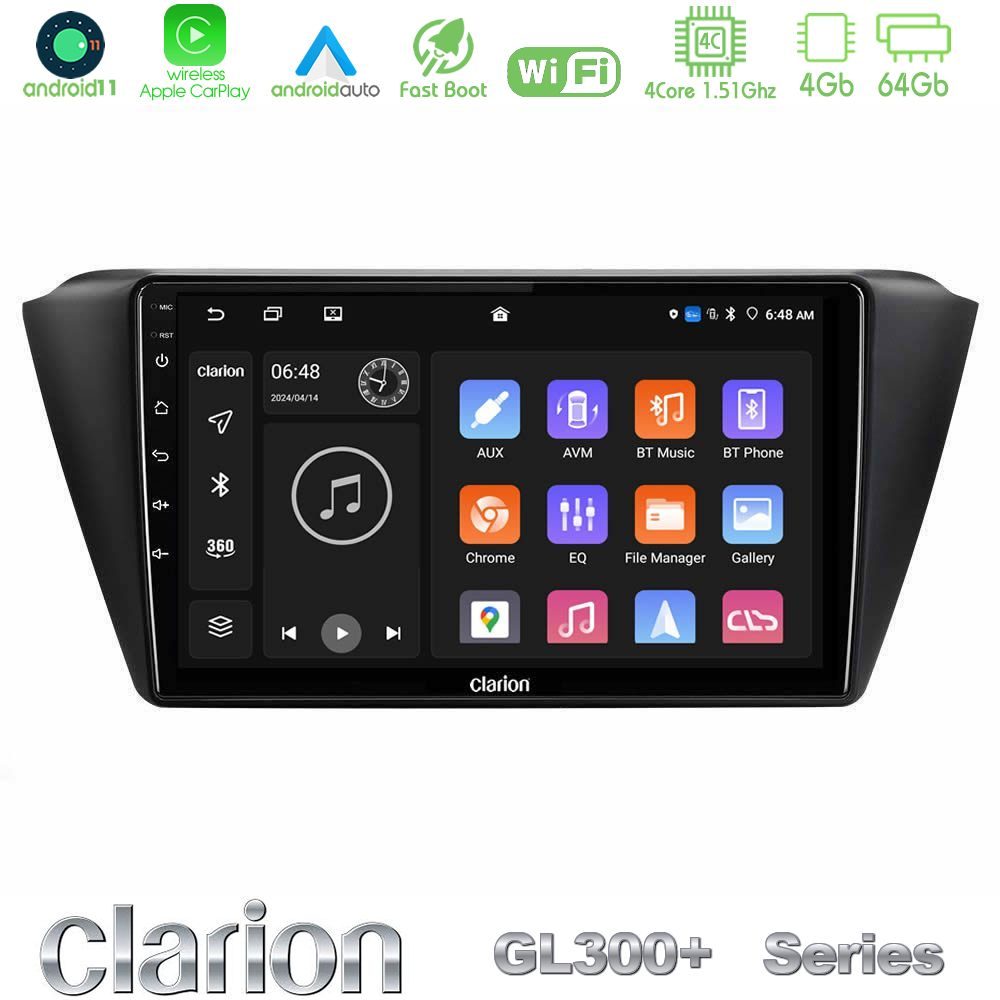 Clarion GL300+ Series 4Core Android11 4+64GB  Skoda Fabia 2015-2021 Navigation Multimedia Tablet 9"
