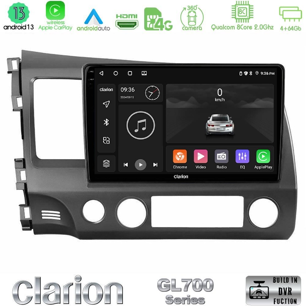 Clarion GL700 Series 8Core Android13 4+64GB Honda Civic 2006-2011 Navigation Multimedia Tablet 10" Με Carplay & Android Auto