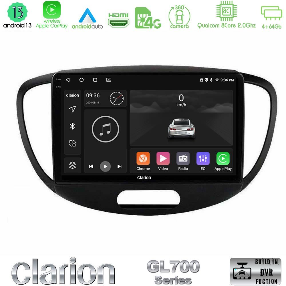 Clarion GL700 Series 8Core Android13 4+64GB Hyundai i10 2008-2014 Navigation Multimedia Tablet 9" Με Carplay & Android Auto