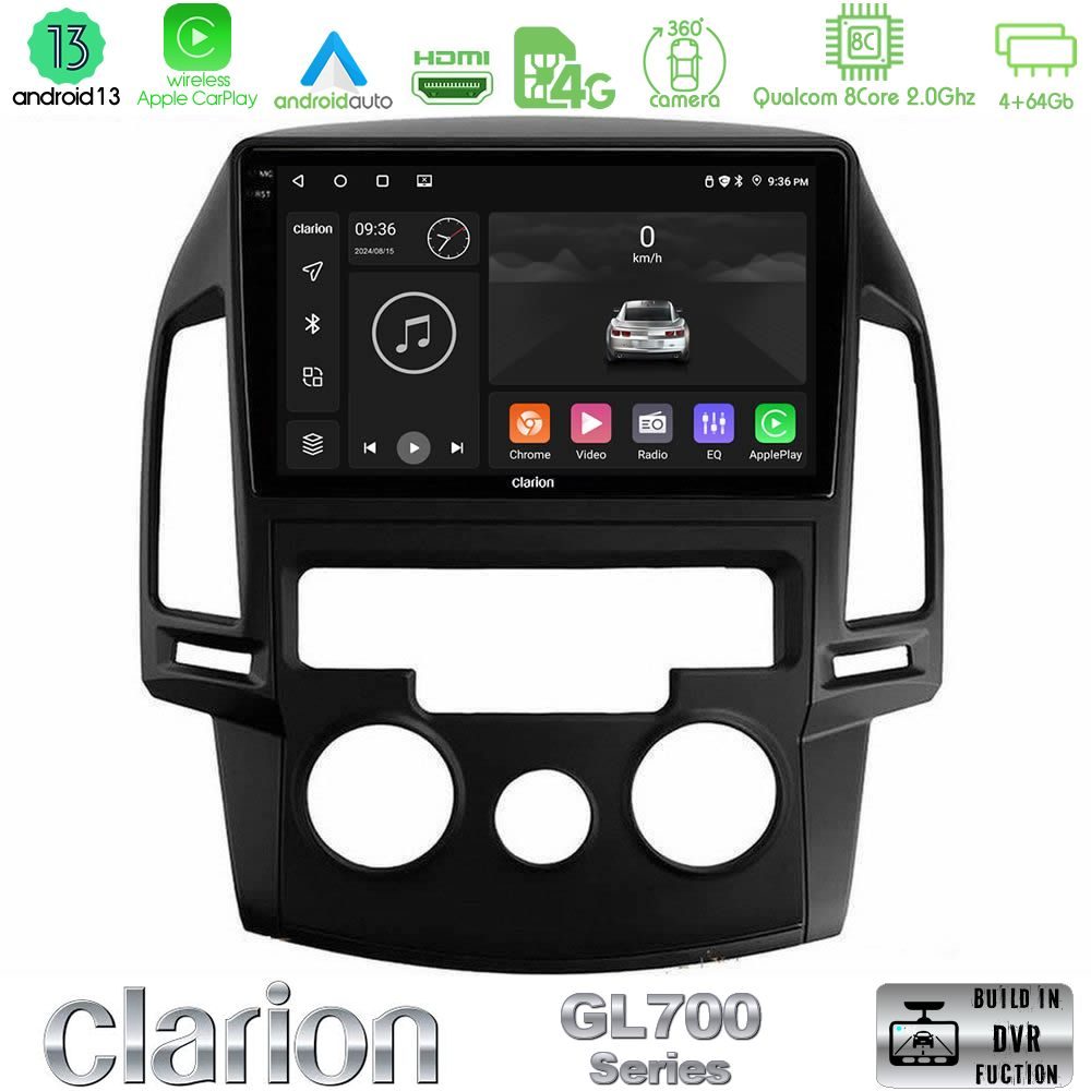Clarion GL700 Series 8Core Android13 4+64GB Hyundai i30 2007-2012 Manual A/C Navigation Multimedia Tablet 9" Με Carplay & Android Auto