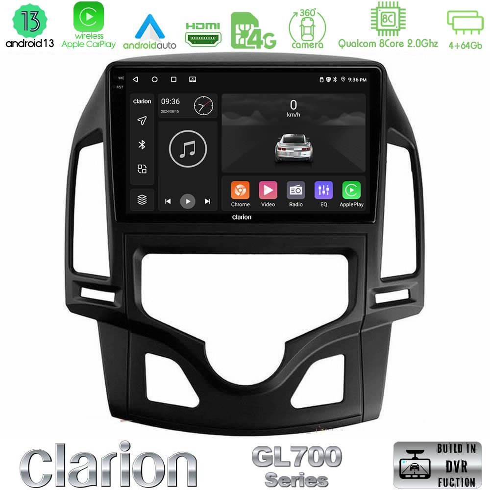 Clarion GL700 Series 8Core Android13 4+64GB Hyundai i30 2007-2012 Auto A/C Navigation Multimedia Tablet 9" Με Carplay & Android Auto
