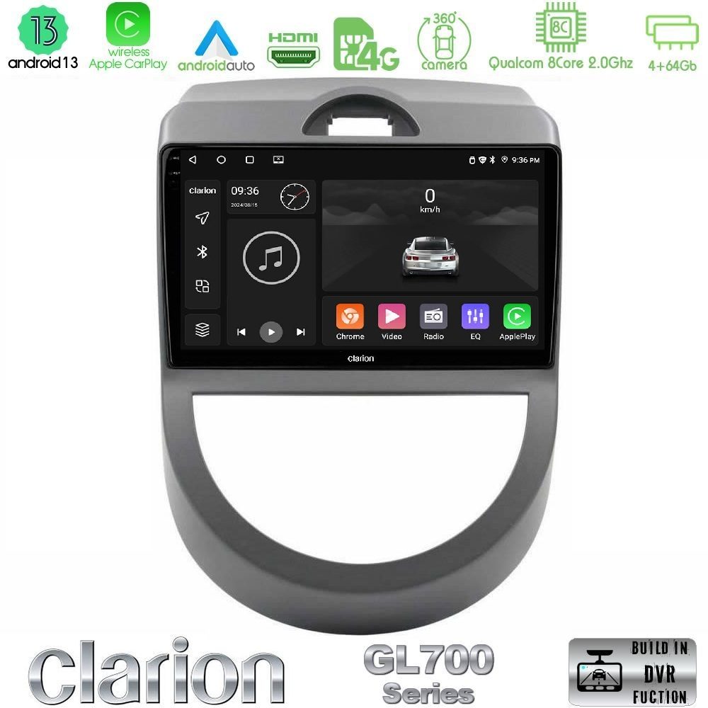 Clarion GL700 Series 8Core Android13 4+64GB Kia Soul 2009-2011 Navigation Multimedia Tablet 9" Με Carplay & Android Auto