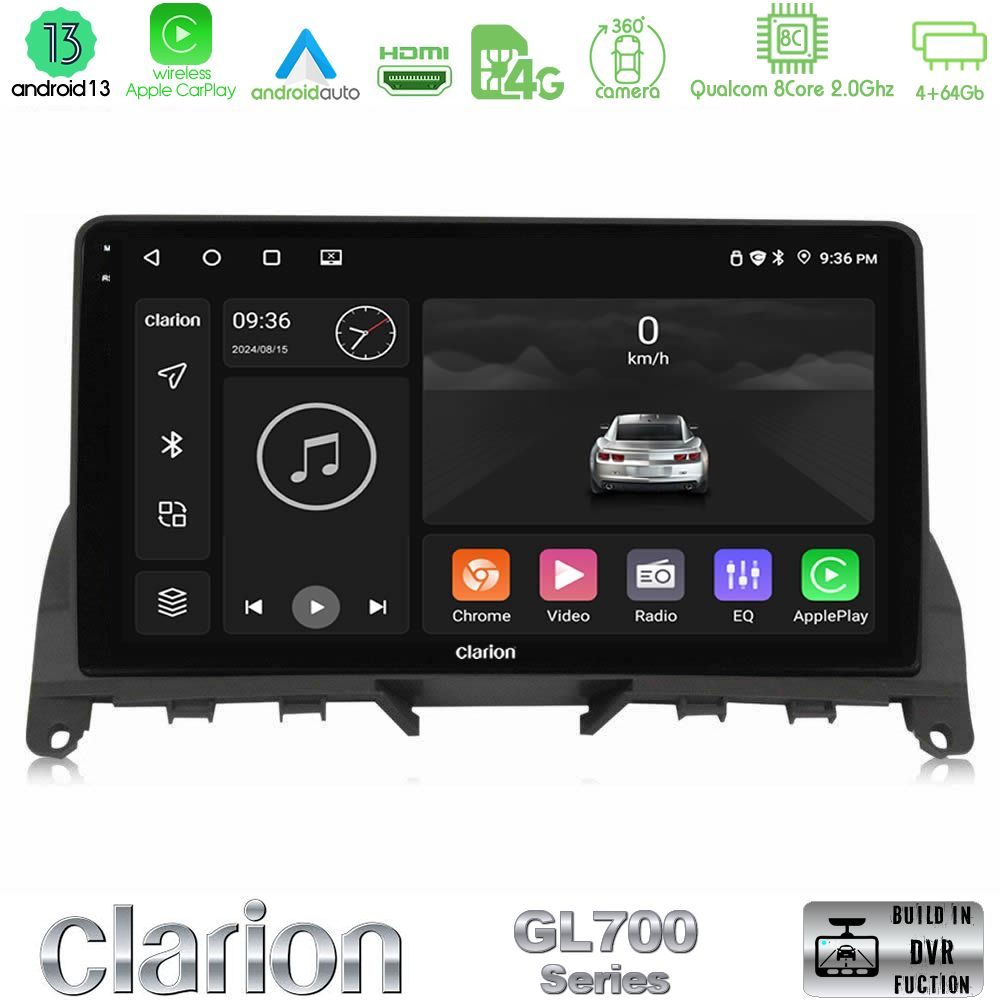 Clarion GL700 Series 8Core Android13 4+64GB Mercedes C Class W204 Navigation Multimedia Tablet 9" Με Carplay & Android Auto