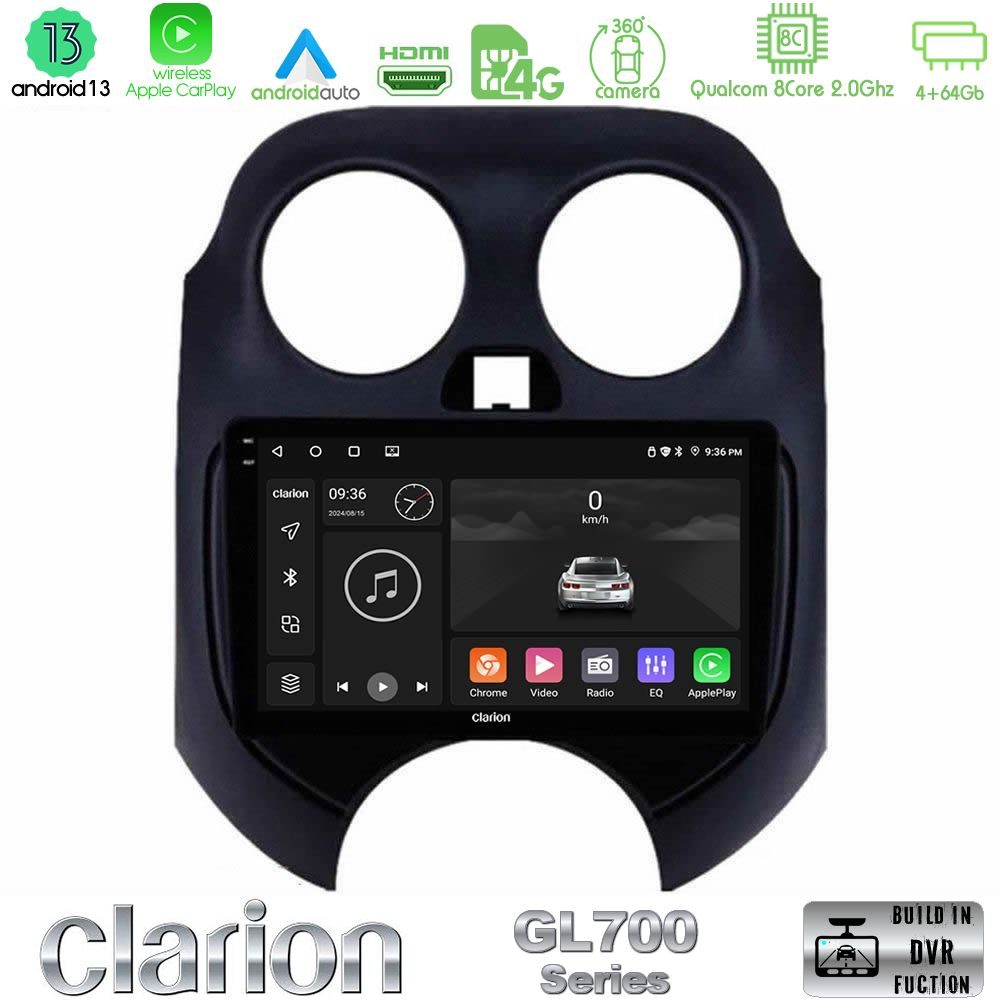 Clarion GL700 Series 8Core Android13 4+64GB Nissan Micra 2011-2014 Navigation Multimedia Tablet 9" Με Carplay & Android Auto