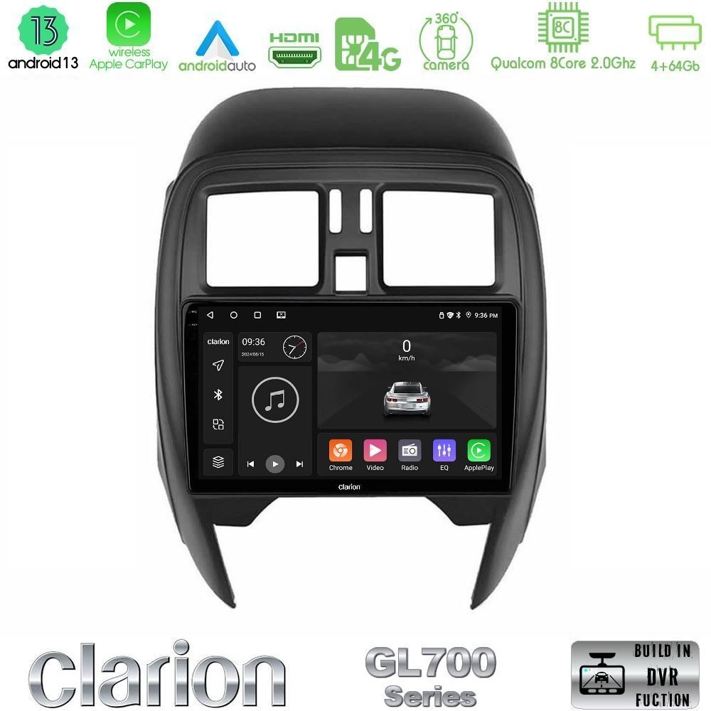 Clarion GL700 Series 8Core Android13 4+64GB Nissan Micra 2013-2016 Navigation Multimedia Tablet 9" Με Carplay & Android Auto