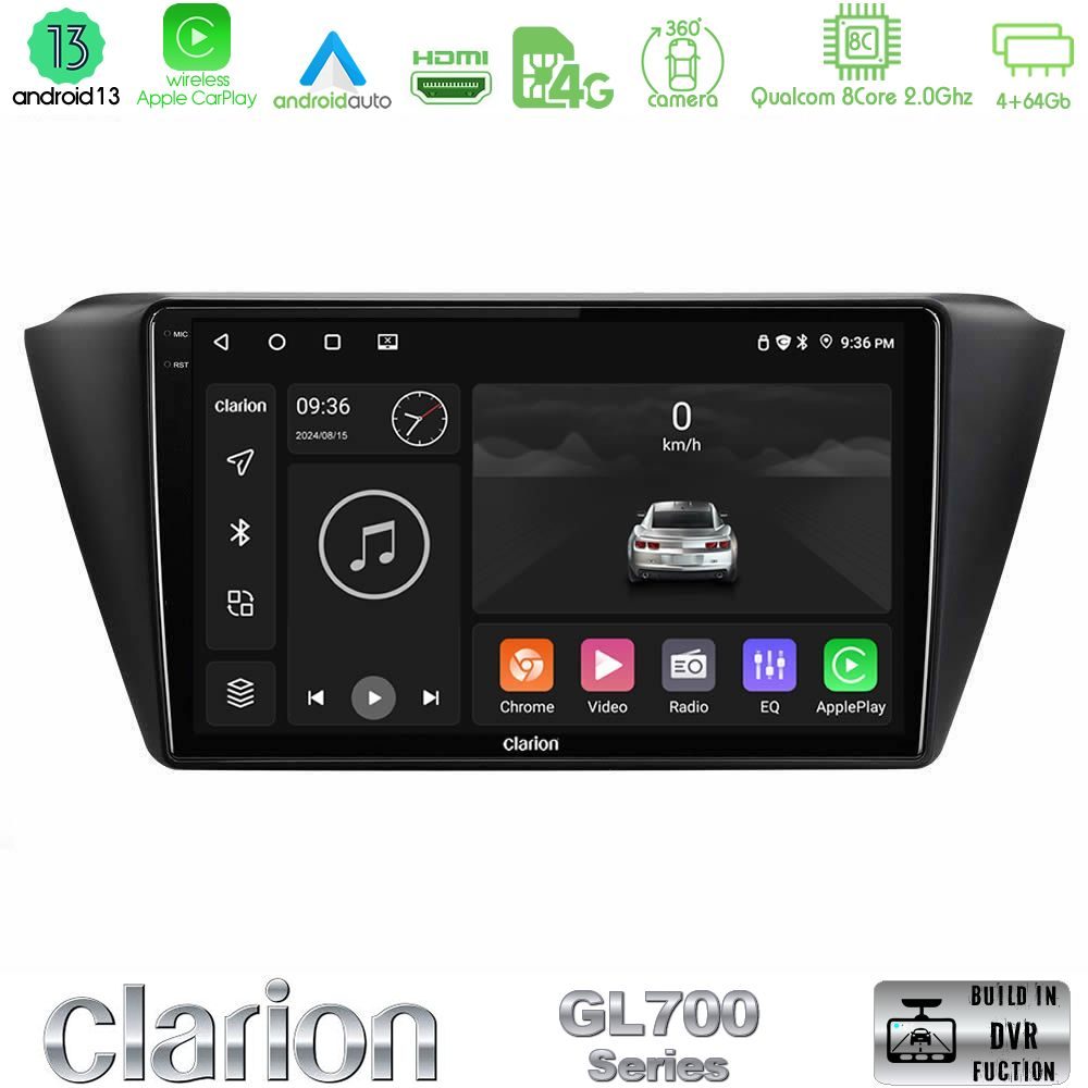 Clarion GL700 Series 8Core Android13 4+64GB Skoda Fabia 2015-2021 Navigation Multimedia Tablet 9" Με Carplay & Android Auto