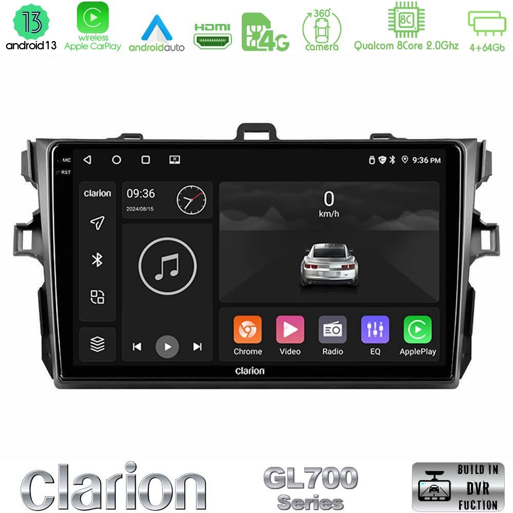 Clarion GL700 Series 8Core Android13 4+64GB Toyota Corolla 2007-2012 Navigation Multimedia Tablet 9" Με Carplay & Android Auto