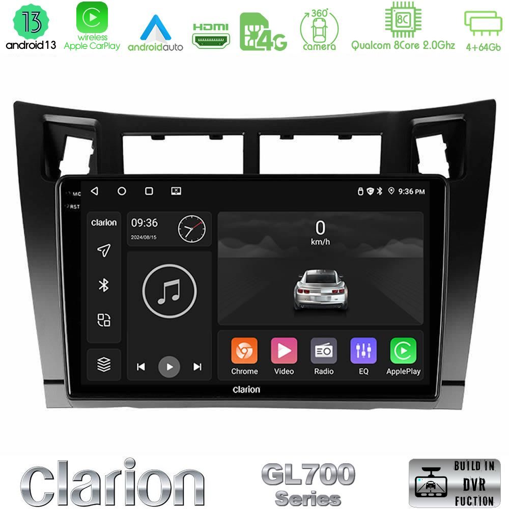 Clarion GL700 Series 8Core Android13 4+64GB Toyota Yaris Navigation Multimedia Tablet 9" (Μαύρο Χρώμα) Με Carplay & Android Auto