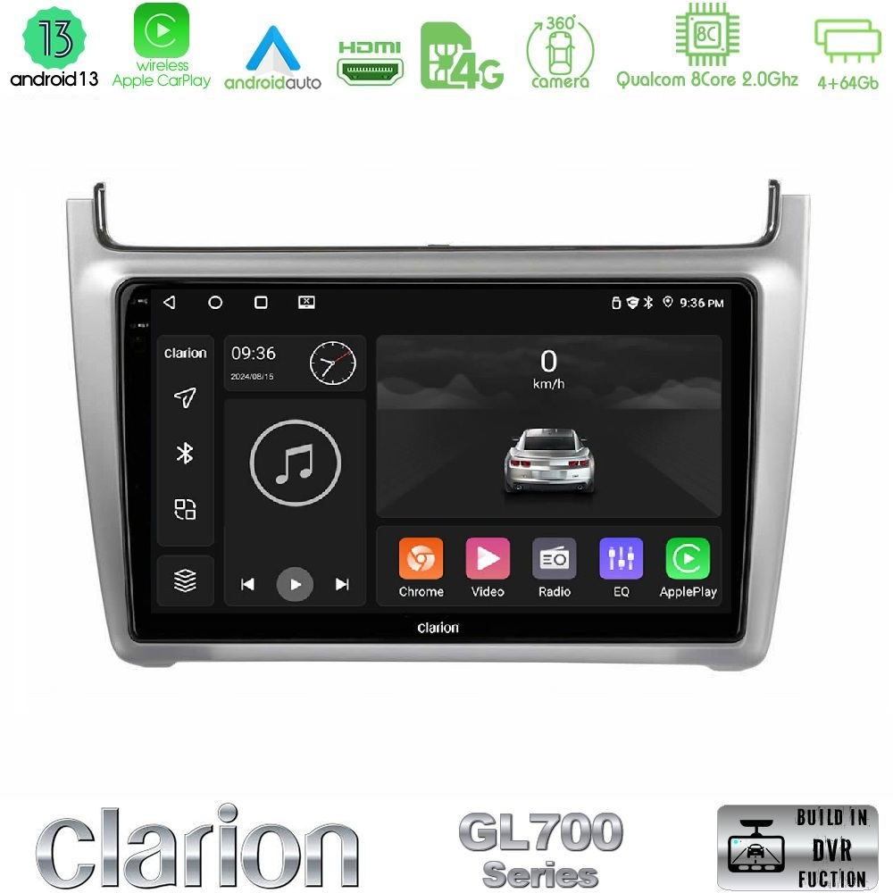 Clarion GL700 Series 8Core Android13 4+64GB Vw Polo 2014-2017 Navigation Multimedia Tablet 9" Με Carplay & Android Auto (Silver)