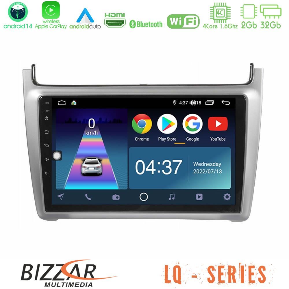 Bizzar LQ Series 4Core Android14 2+32GB Vw Polo 2014-2017 Navigation Multimedia Tablet 9" Με Carplay & Android Auto (Silver)
