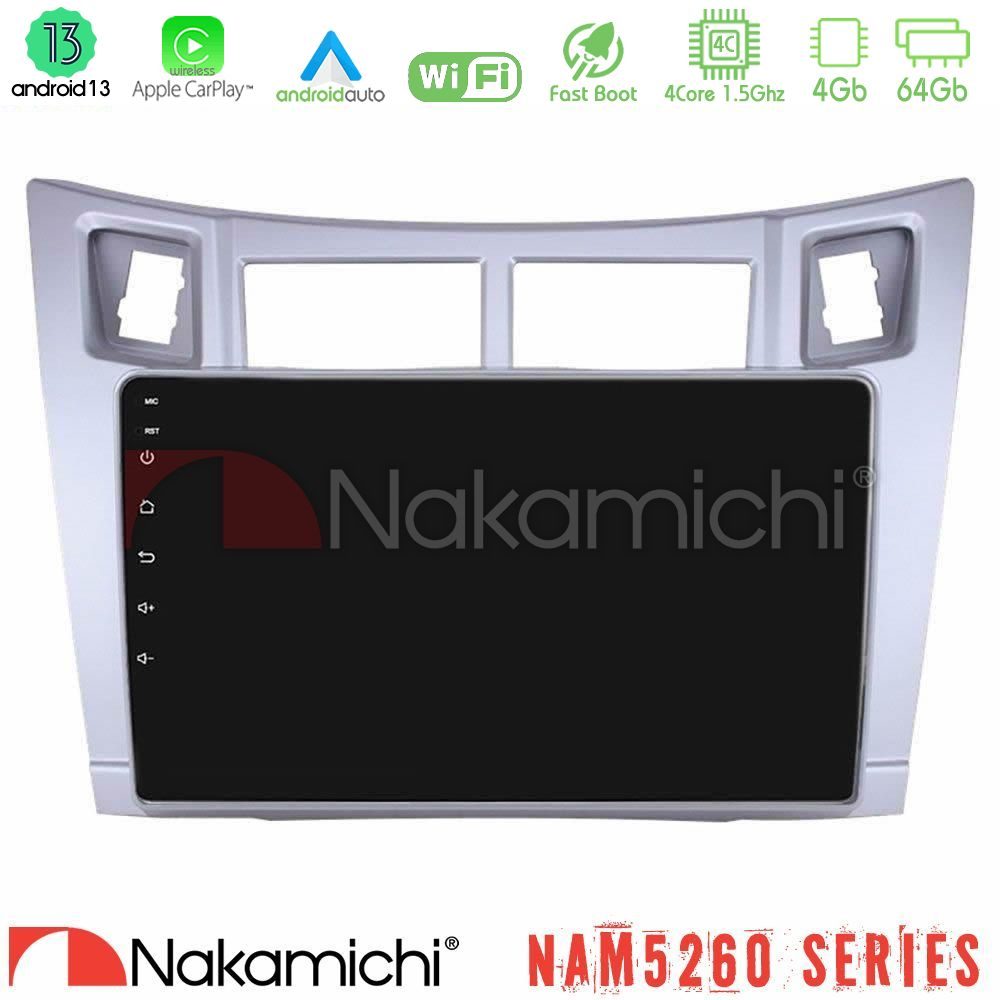 Nakamichi NAM5260 Series 4Core Android13 4+64GB Toyota Yaris Navigation Multimedia Tablet 9" (Ασημί Χρώμα) Με Carplay & Android Auto
