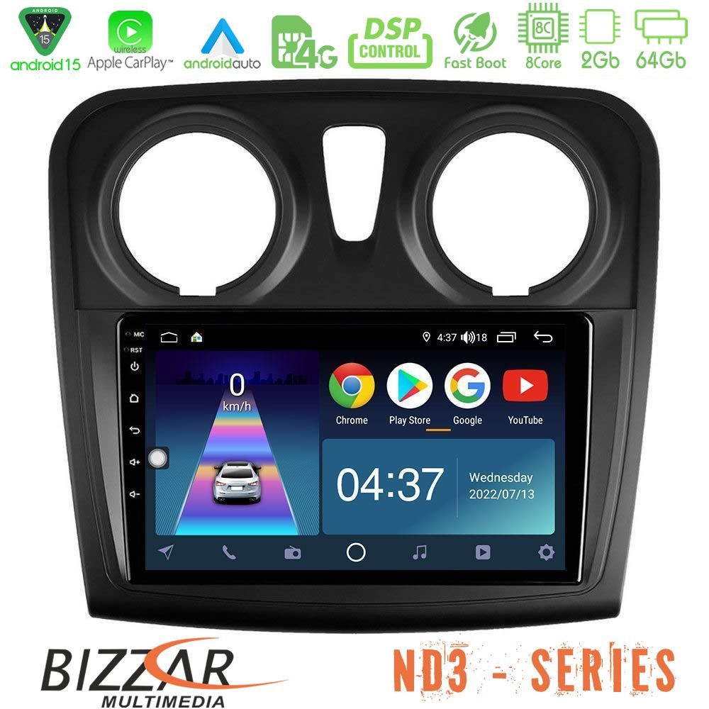 Bizzar ND3 Series 8Core Android15 2+64GB  Dacia Sandero 2014-2020 Navigation Multimedia Tablet 9"
