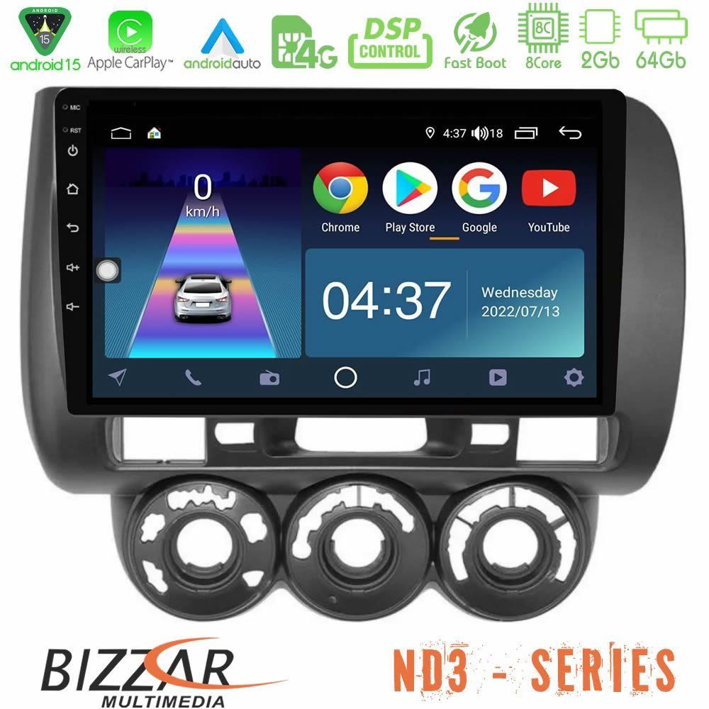 Bizzar ND3 Series 8Core Android15 2+64GB Honda Jazz (Fit) 2002-2008 (RHD) Manual A/C Navigation Multimedia Tablet 9"