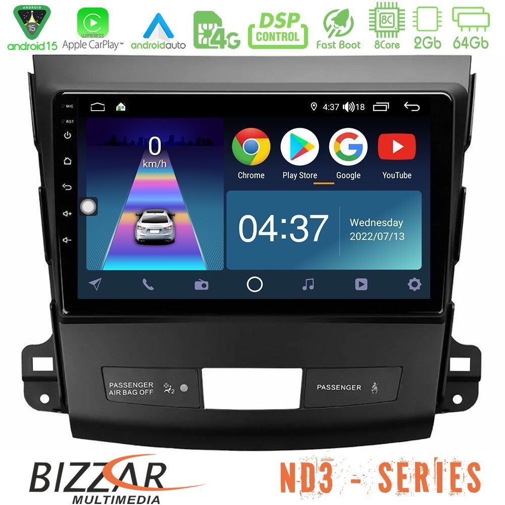 Bizzar ND3 Series 8Core Android15 2+64GB  Mitsubishi Outlander/Citroen C-Crosser/Peugeot 4007 Navigation Multimedia Tablet 9"