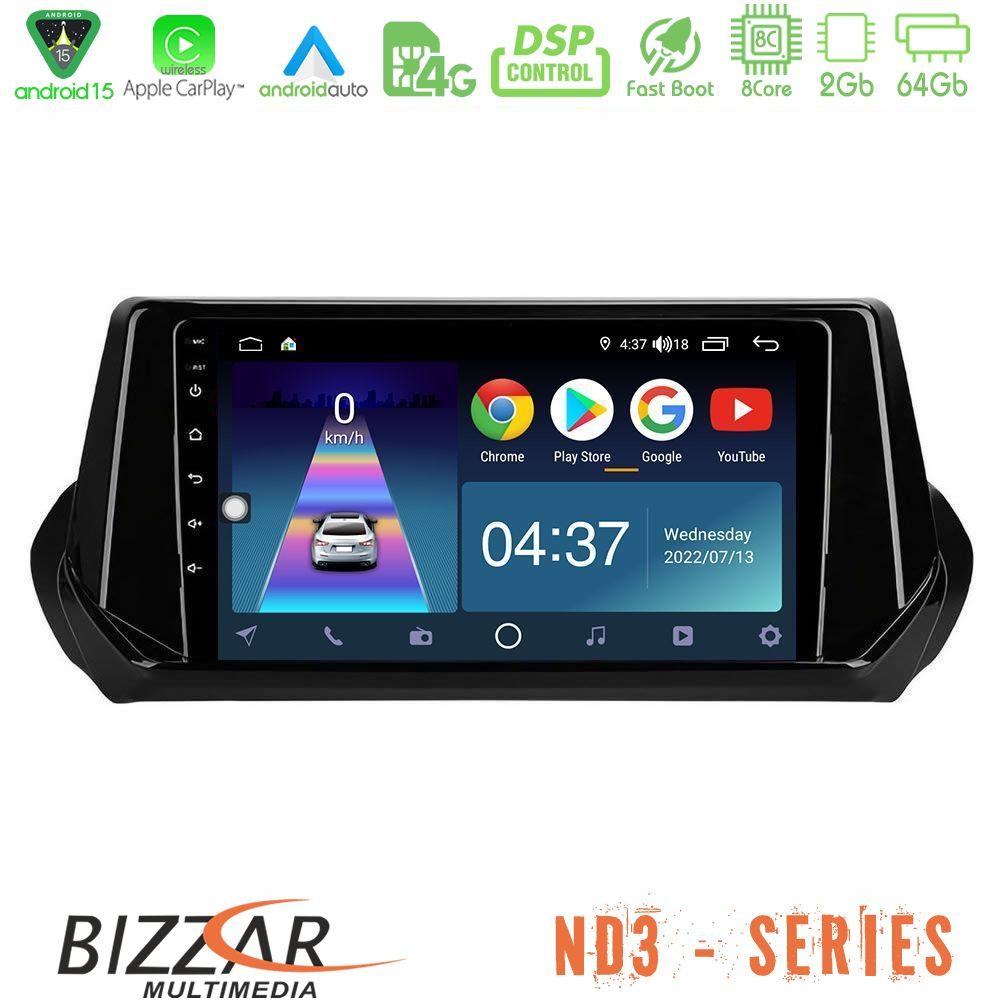 Bizzar ND3 Series 8Core Android15 2+64GB  Peugeot 208 2019-2023 Navigation Multimedia Tablet 9"
