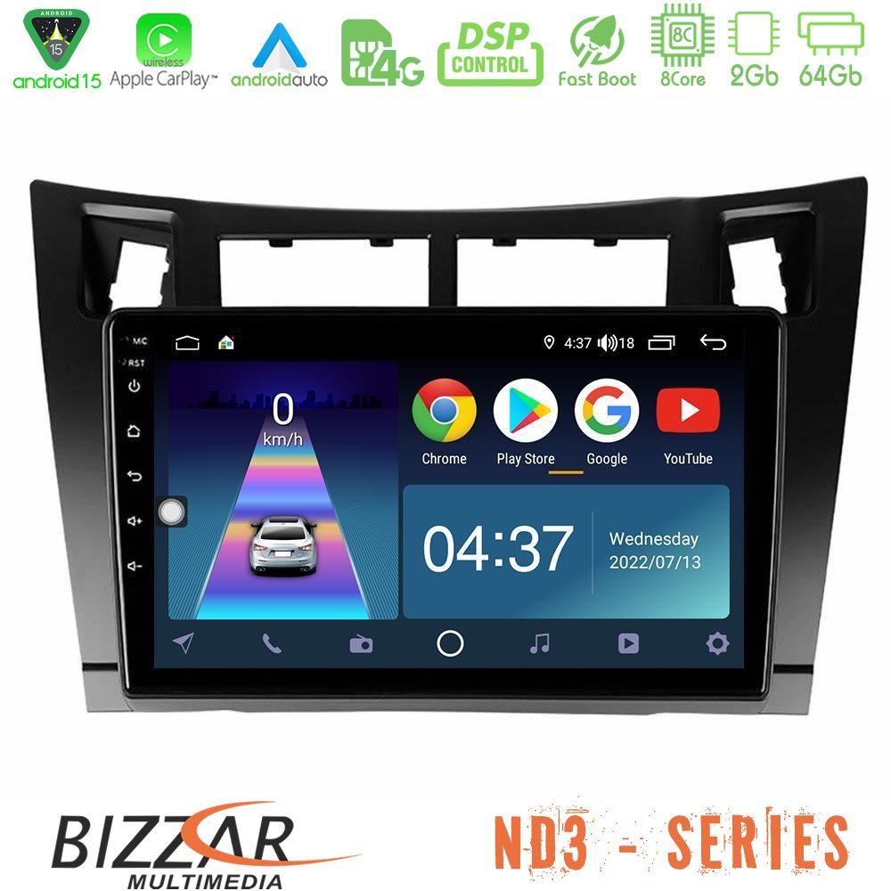 Bizzar ND3 Series 8Core Android15 2+64GB  Toyota Yaris Navigation Multimedia Tablet 9" (Μαύρο Χρώμα)