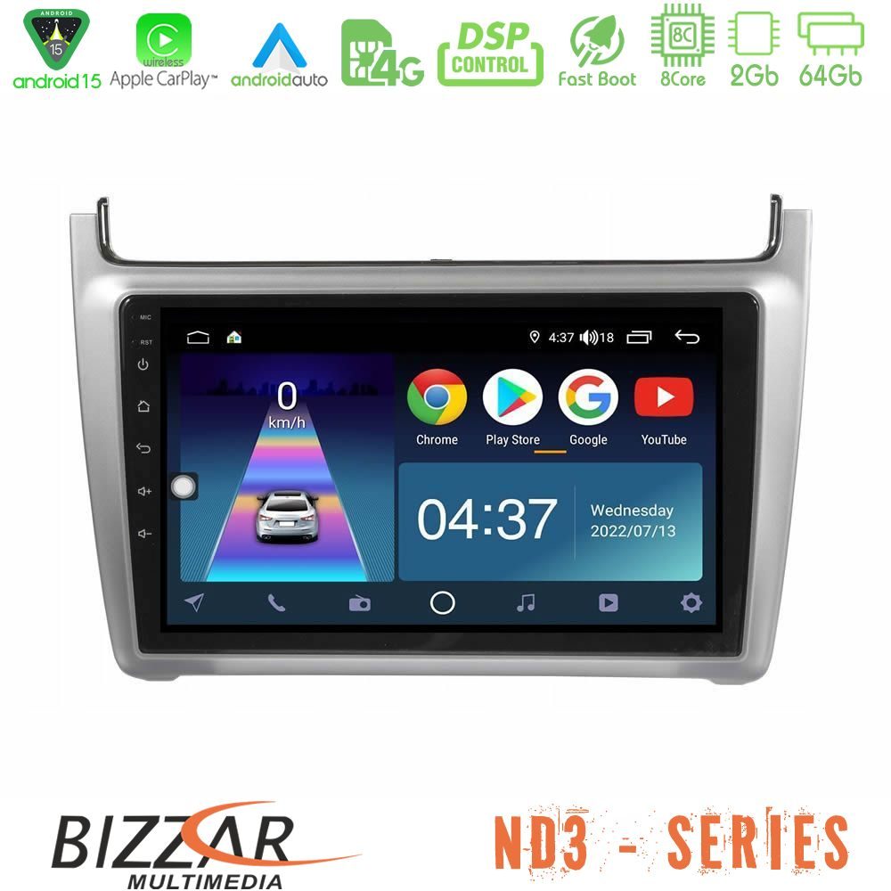 Bizzar ND3 Series 8Core Android15 2+64GB Vw Polo 2014-2017 Navigation Multimedia Tablet 9" (Silver)