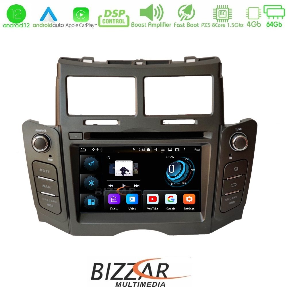 Bizzar OEM Toyota Yaris 2006-2011 8core Android12 4+64GB Navigation Multimedia (Γκρι χρώμα)