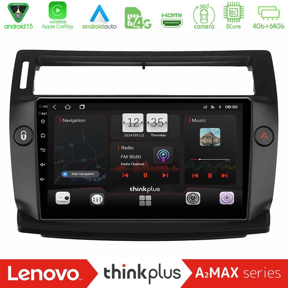 Lenovo Thinkplus A2MAX Series 8Core Android15 4+64GB  Citroen C4 2004-2010 Navigation Multimedia Tablet 9" (μαύρο χρώμα)