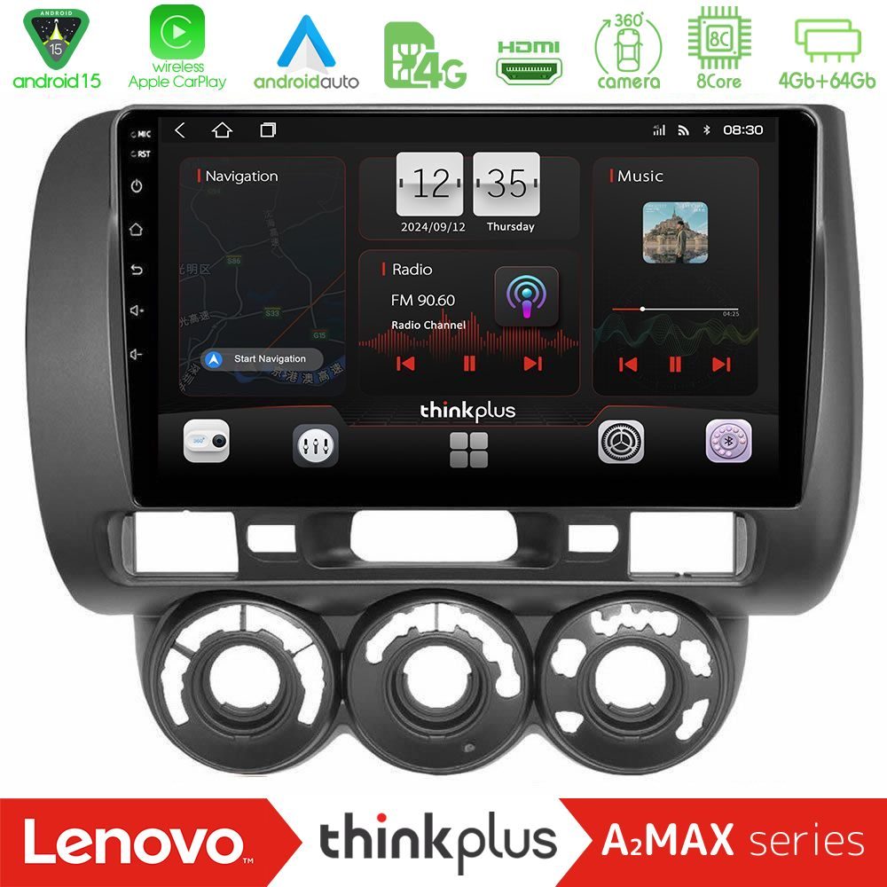 Lenovo Thinkplus A2MAX Series 8Core Android15 4+64GB  Honda Jazz 2002-2008 (Manual A/C) Navigation Multimedia Tablet 9"
