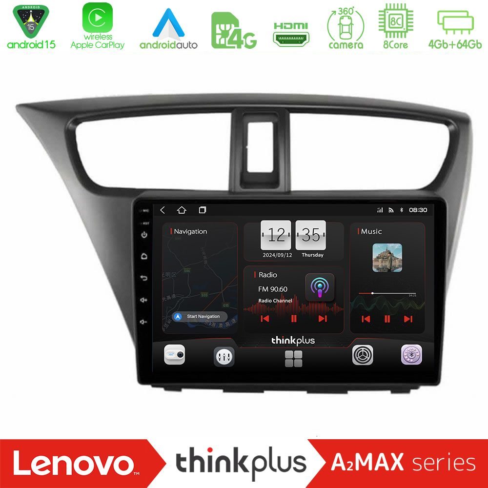 Lenovo Thinkplus A2MAX Series 8Core Android15 4+64GB  Honda Civic Hatchback 2012-2015 Navigation Multimedia Tablet 9"