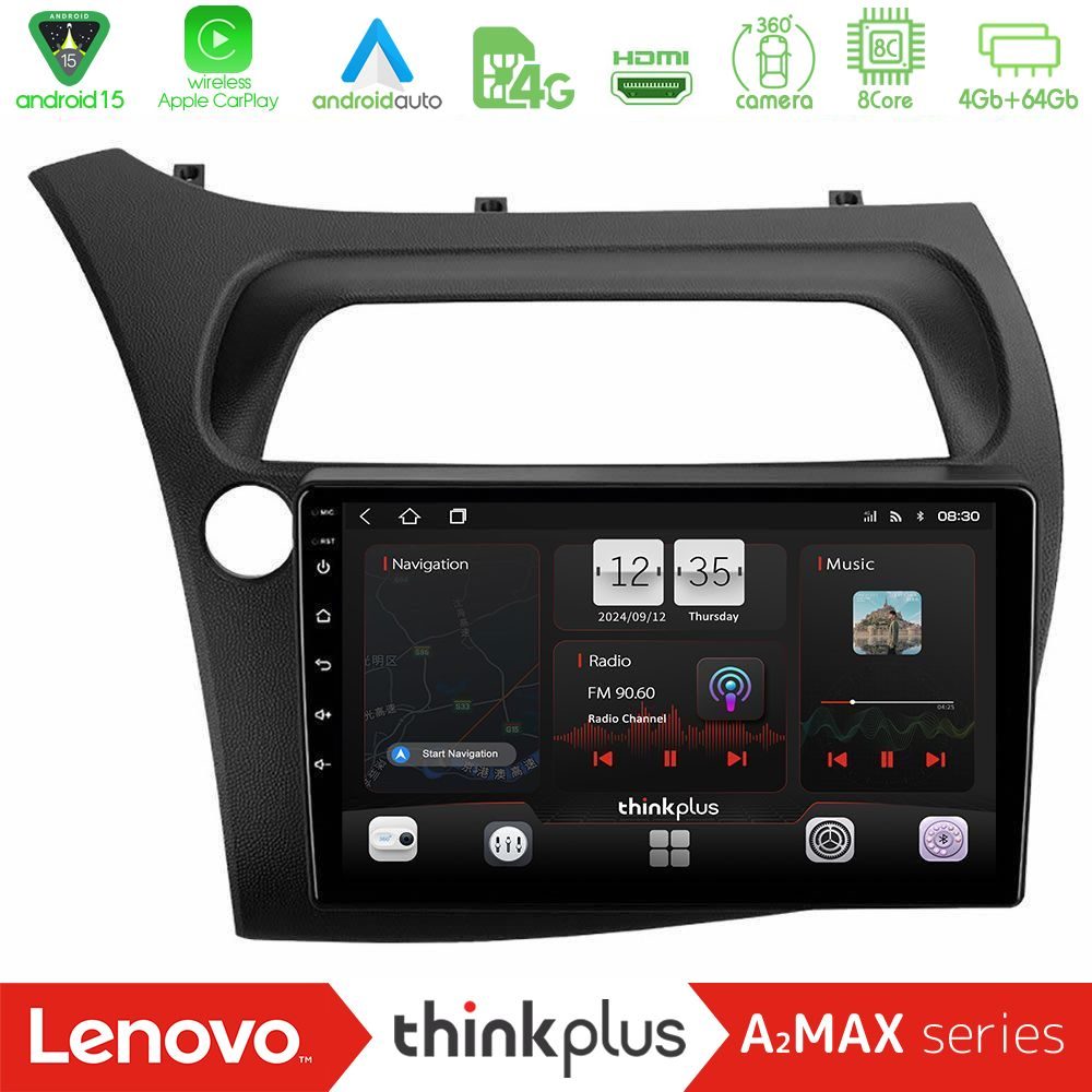 Lenovo Thinkplus A2MAX Series 8Core Android15 4+64GB Honda Civic Hatchback 2006-2011 Navigation Multimedia Tablet 9"