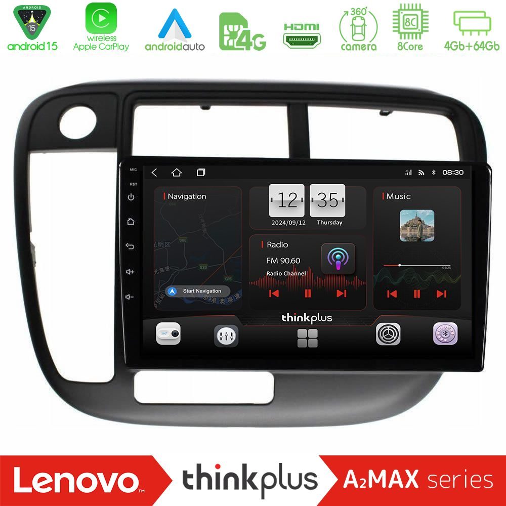 Lenovo Thinkplus A2MAX Series 8Core Android15 4+64GB Honda Civic 1995-2001 Navigation Multimedia Tablet 9"