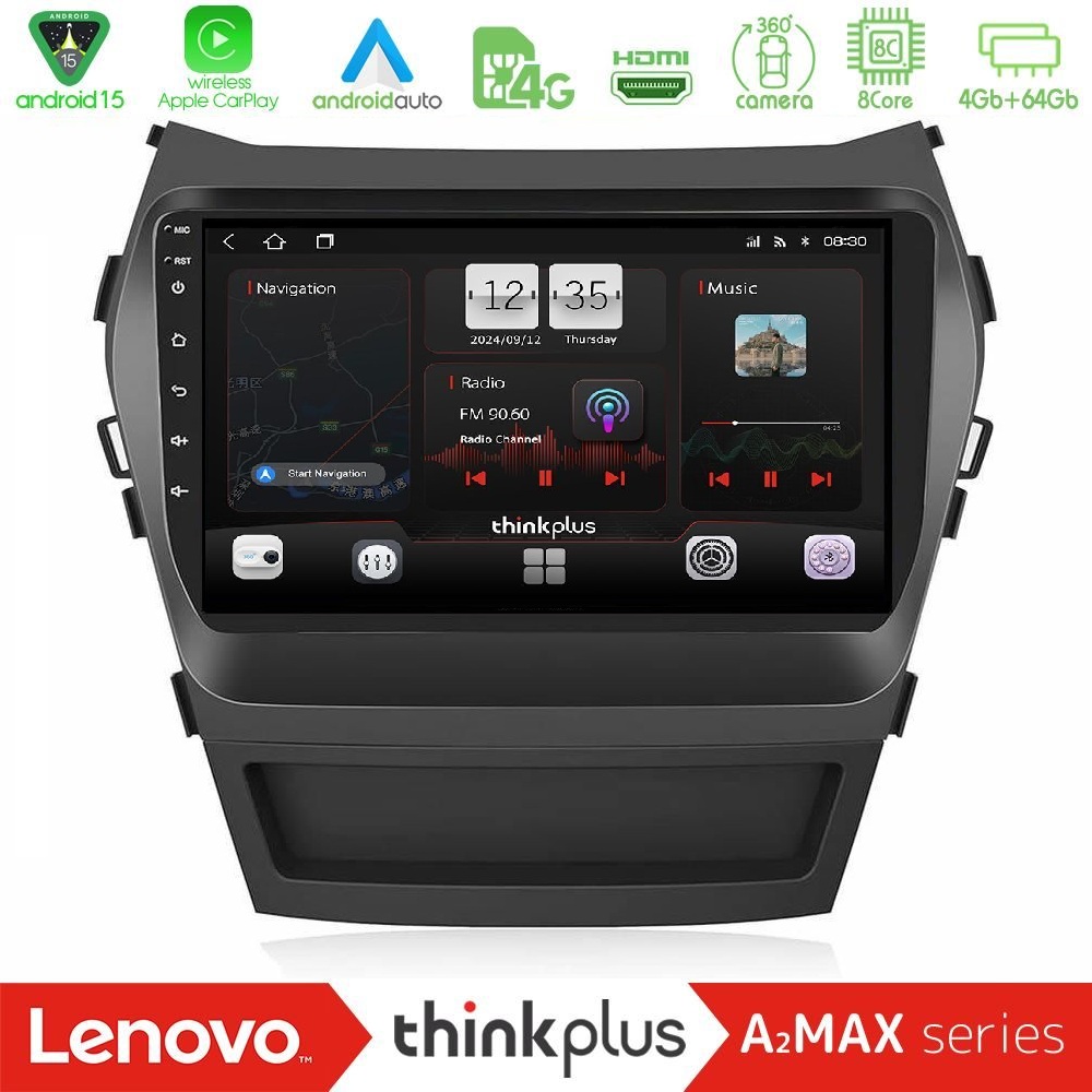 Lenovo Thinkplus A2MAX Series 8Core Android15 4+64GB Hyundai iX45 2012-2017 Navigation Multimedia Tablet 9"
