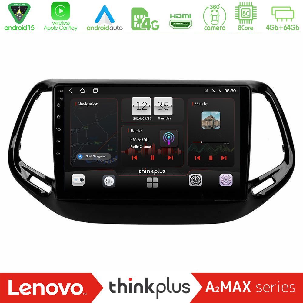 Lenovo Thinkplus A2MAX Series 8Core Android15 4+64GB  Jeep Compass 2017> Navigation Multimedia Tablet 10"