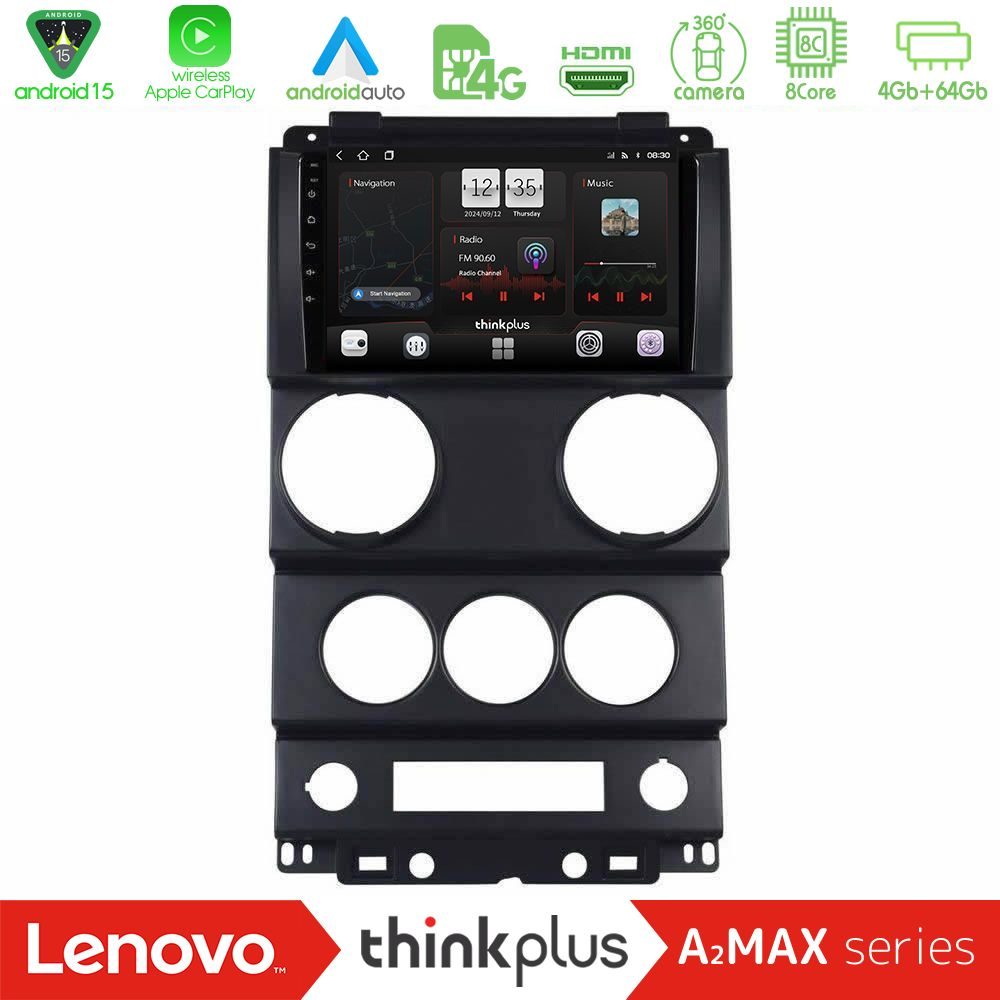 Lenovo Thinkplus A2MAX Series 8Core Android15 4+64GB Jeep Wrangler 2Door 2008-2010 Navigation Multimedia Tablet 9"