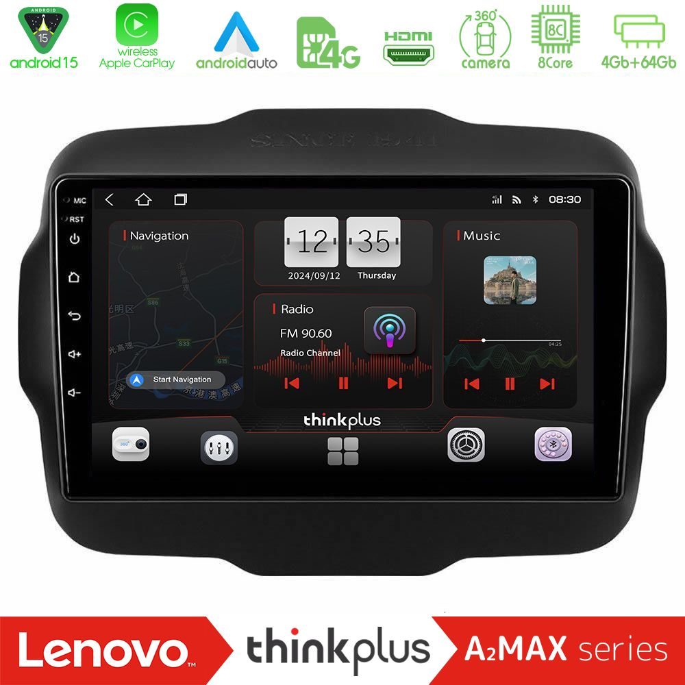 Lenovo Thinkplus A2MAX Series 8Core Android15 4+64GB  Jeep Renegade 2015-2019 Navigation Multimedia Tablet 9"