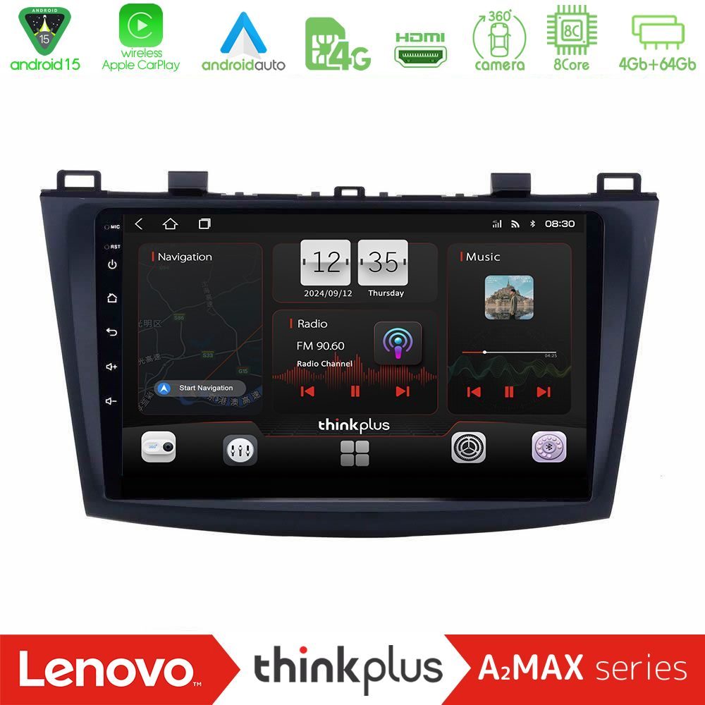 Lenovo Thinkplus A2MAX Series 8Core Android15 4+64GB  Mazda 3 2009-2014 Navigation Multimedia Tablet 9"