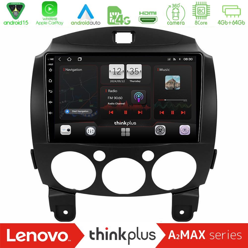 Lenovo Thinkplus A2MAX Series 8Core Android15 4+64GB  Mazda 2 2008-2014 Navigation Multimedia Tablet 9"