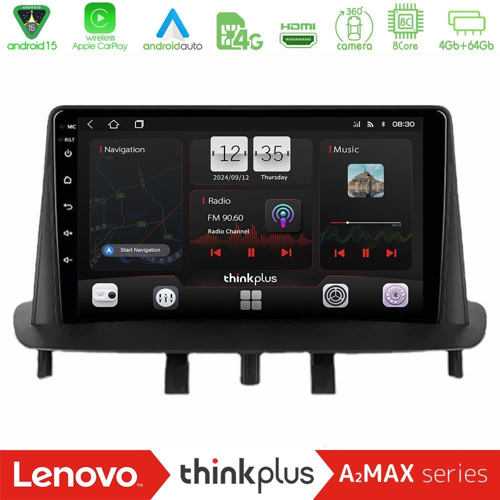 Lenovo Thinkplus A2MAX Series 8Core Android15 4+64GB  Renault Megane 3 2009-2013 Navigation Multimedia Tablet 9"